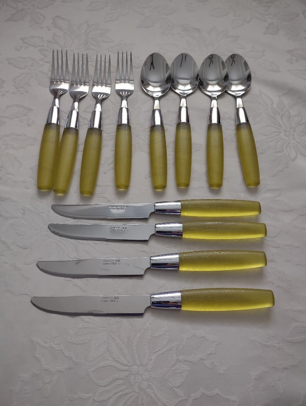 New 🆕 Pier 1 Stainless Steel 12 Piece Set Retro Yellow Acrylic Lucite Handle